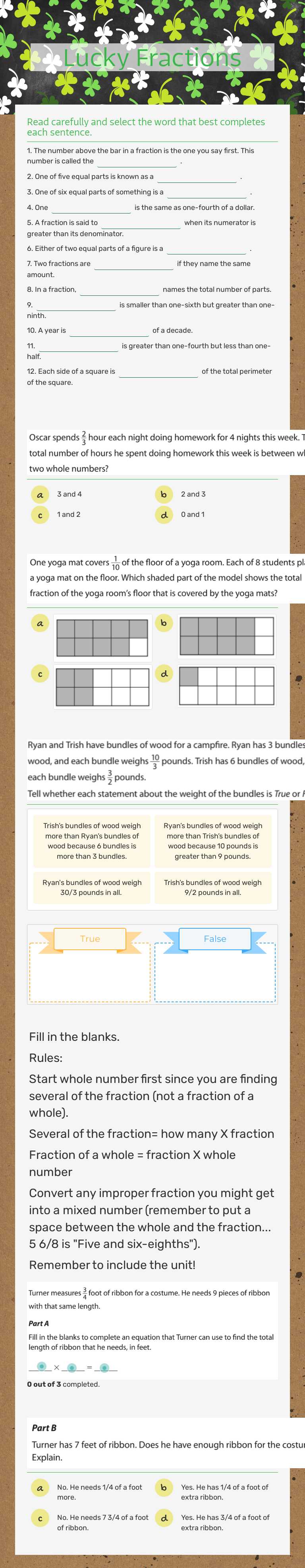 Lucky Fractions Grade 4 worksheet preview