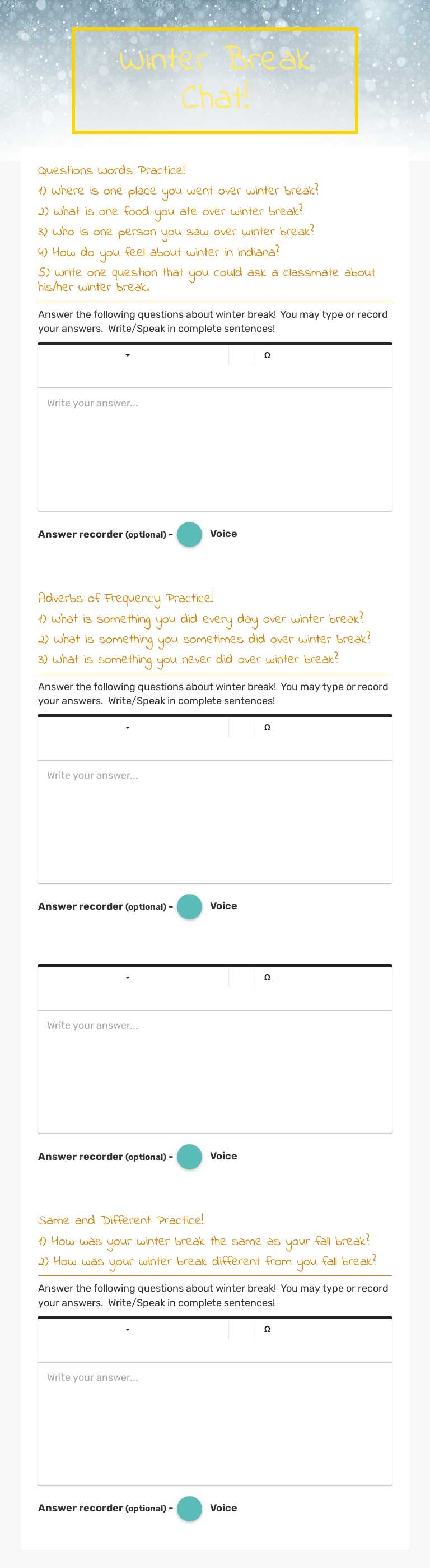 Winter Break Chat! worksheet preview image