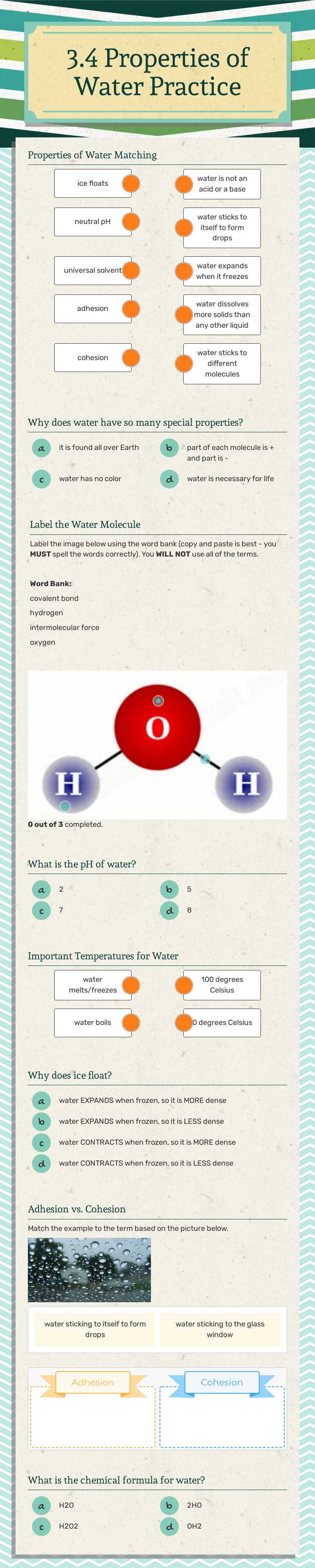 3.4 Properties of Water Practice worksheet preview image