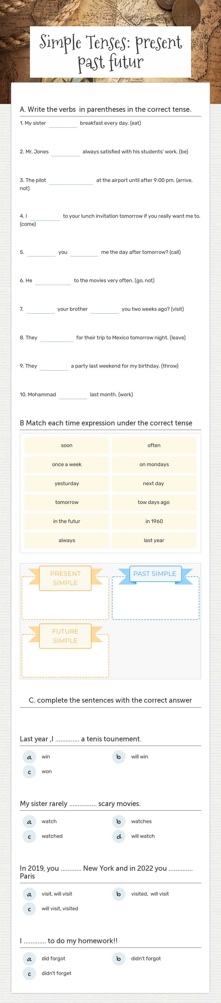Simple Tenses:     present past futur Grade 4 worksheet preview