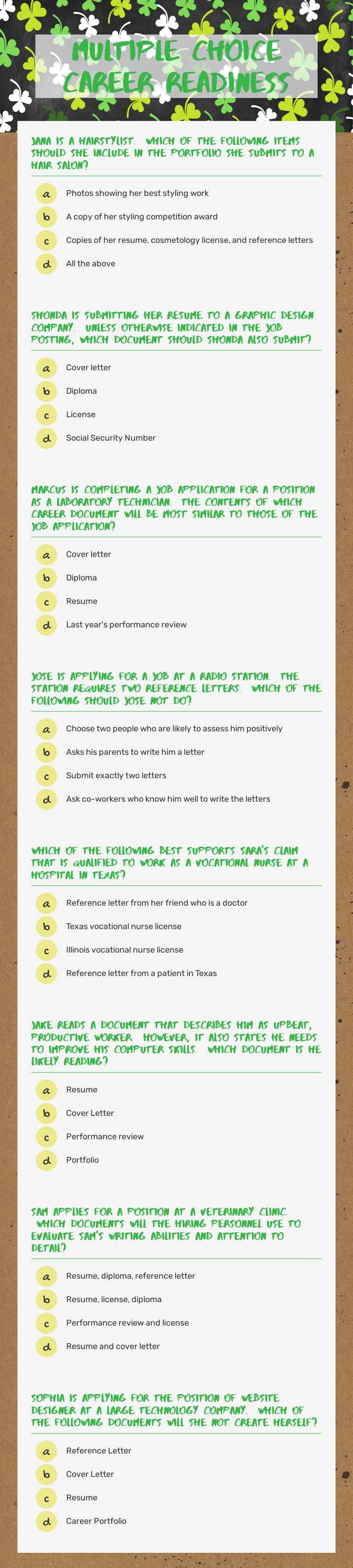 Multiple choice career readiness Grade 6 worksheet preview