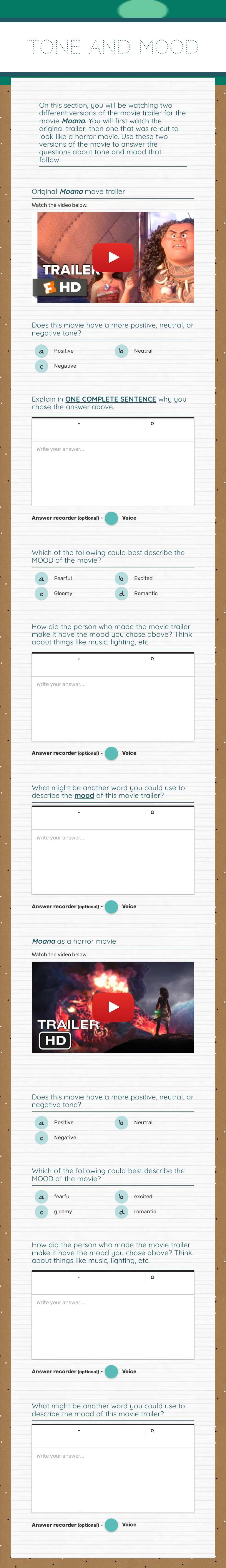 TONE AND MOOD worksheet preview image
