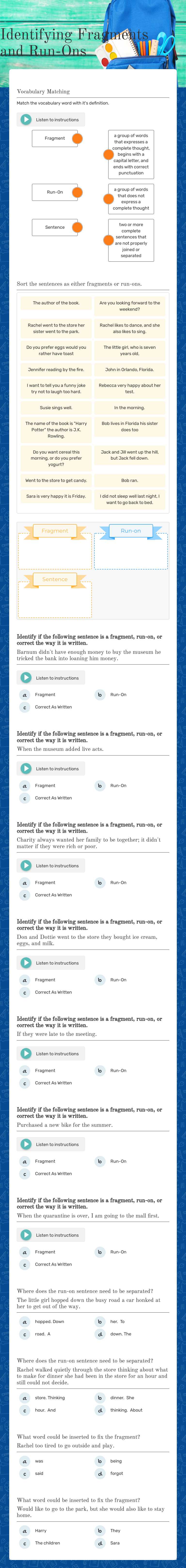 Identifying Fragments and Run-Ons Grade 6 worksheet preview