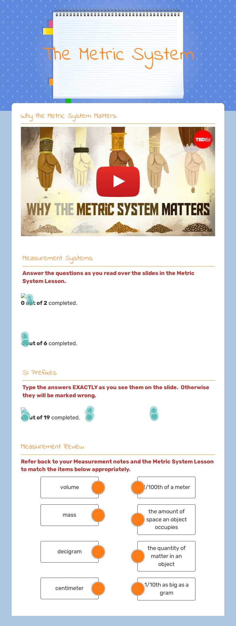 The Metric System worksheet preview image
