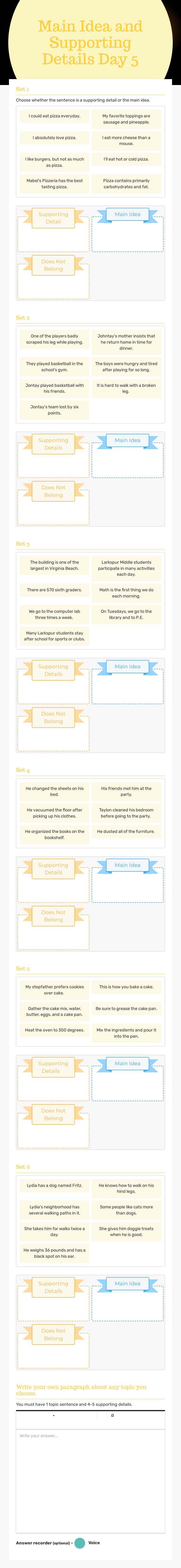Main Idea and Supporting Details Day 5 Grade 6 worksheet preview