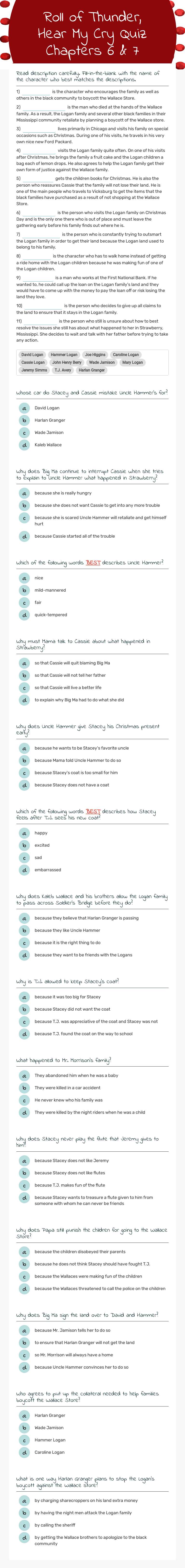 Roll of Thunder, Hear My Cry Quiz Chapters 6 & 7 worksheet preview