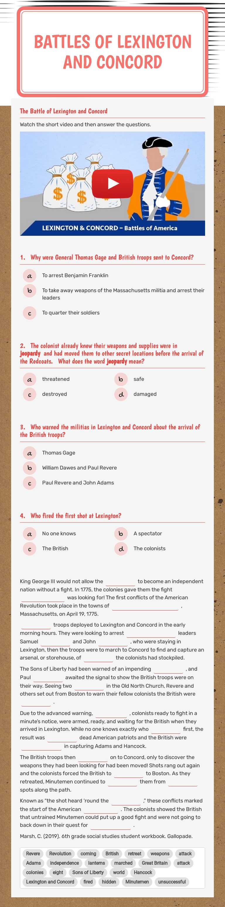 Battles of Lexington and Concord worksheet preview image