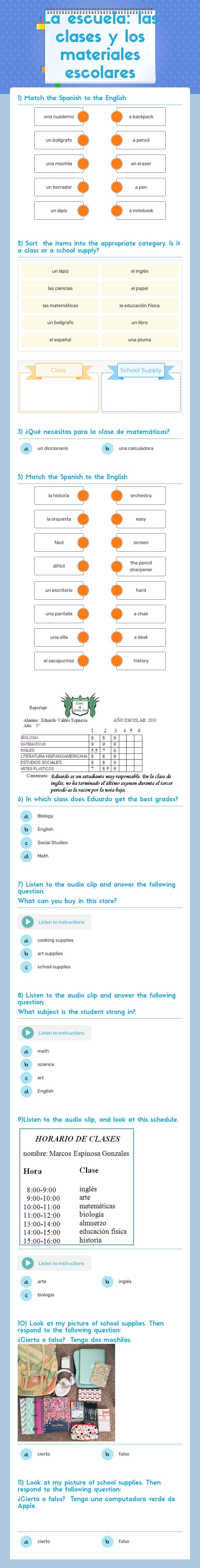 La escuela: las clases y los materiales escolares worksheet preview image