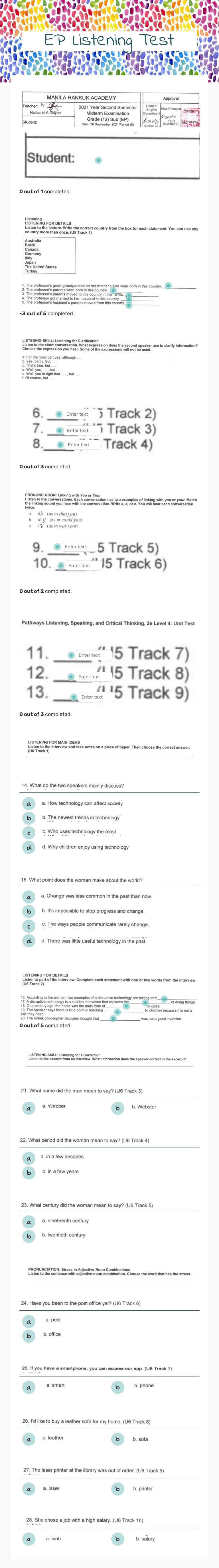 EP Listening Test worksheet preview image