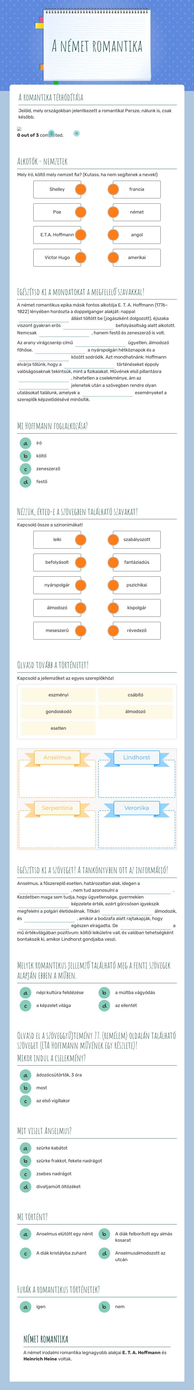 A német romantika Grade 10 worksheet preview