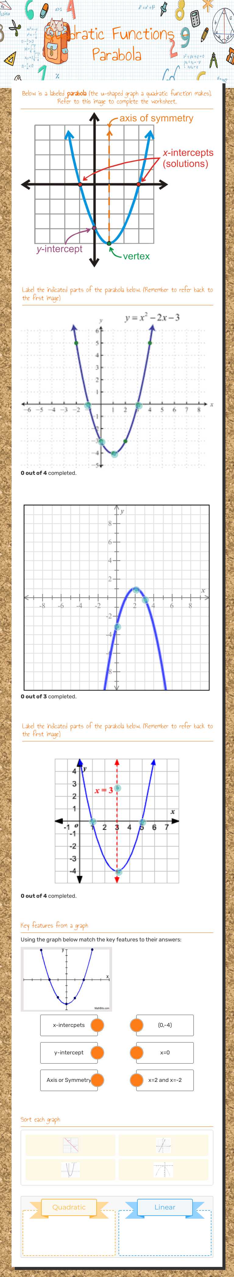 Quadratic Functions - Parabola worksheet preview image