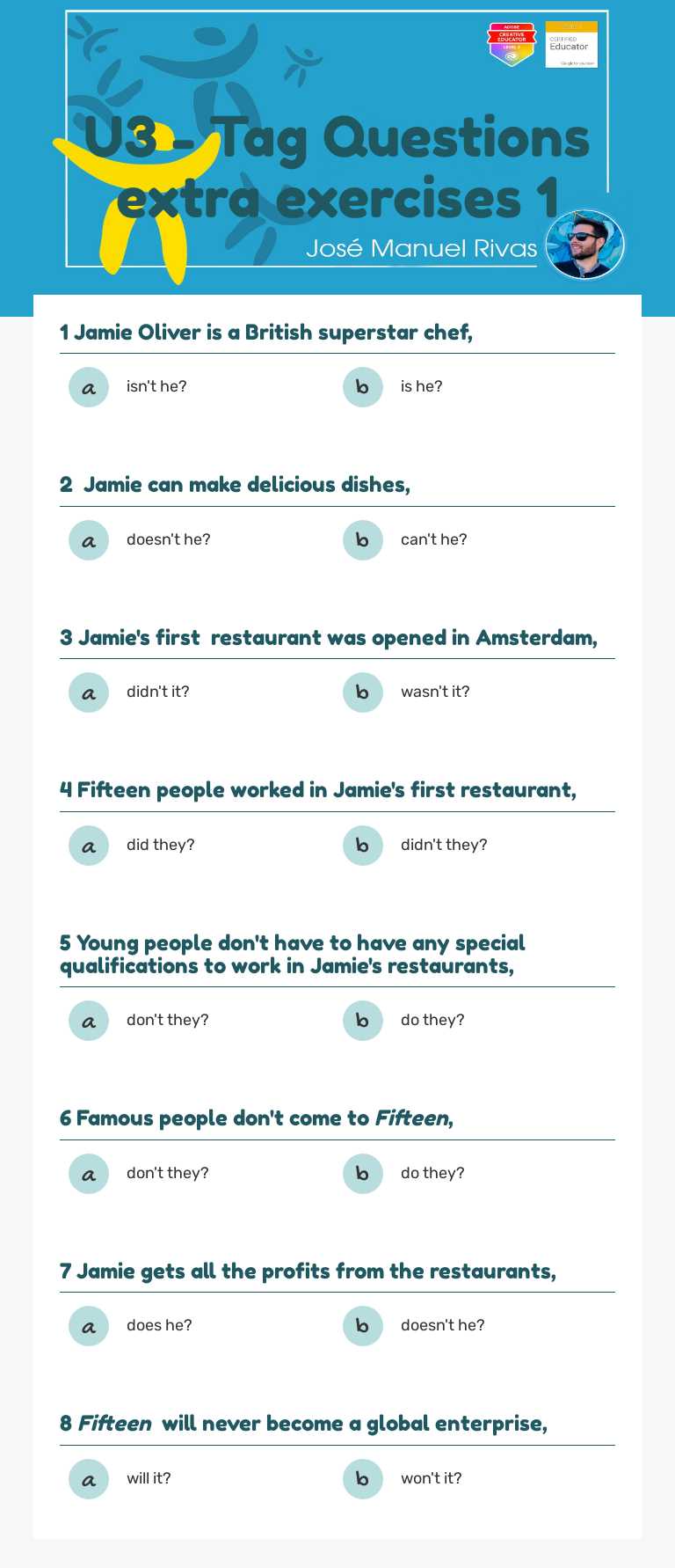 U3 - Tag Questions extra exercises 1 worksheet preview image
