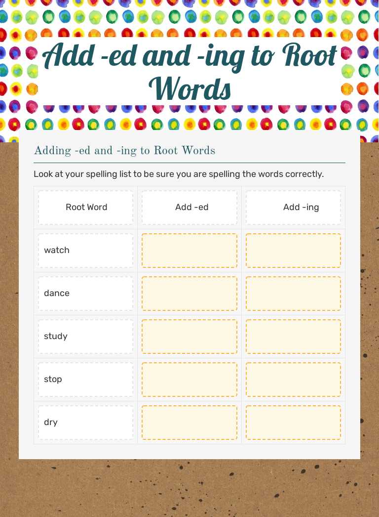 Add -ed and -ing to  Root Words worksheet preview image