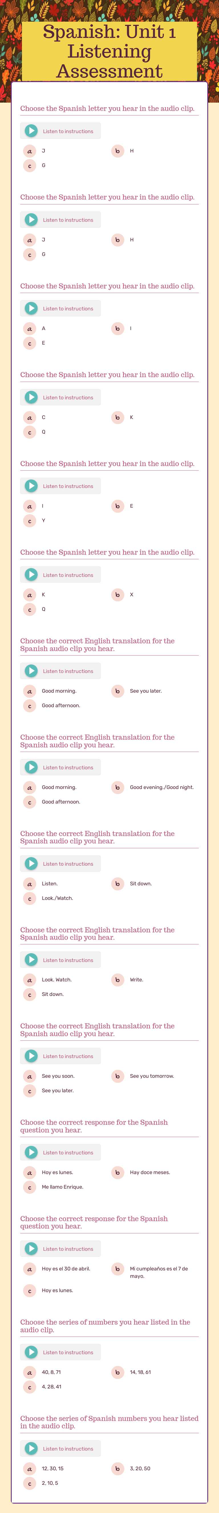 Spanish: Unit 1 Listening Assessment worksheet preview