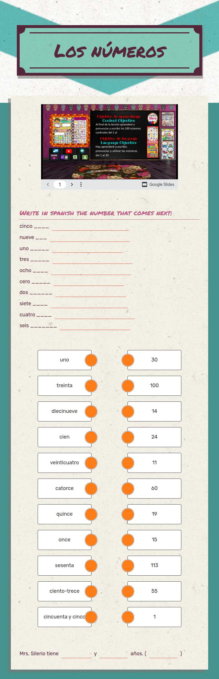 Los números Grade 10 worksheet preview