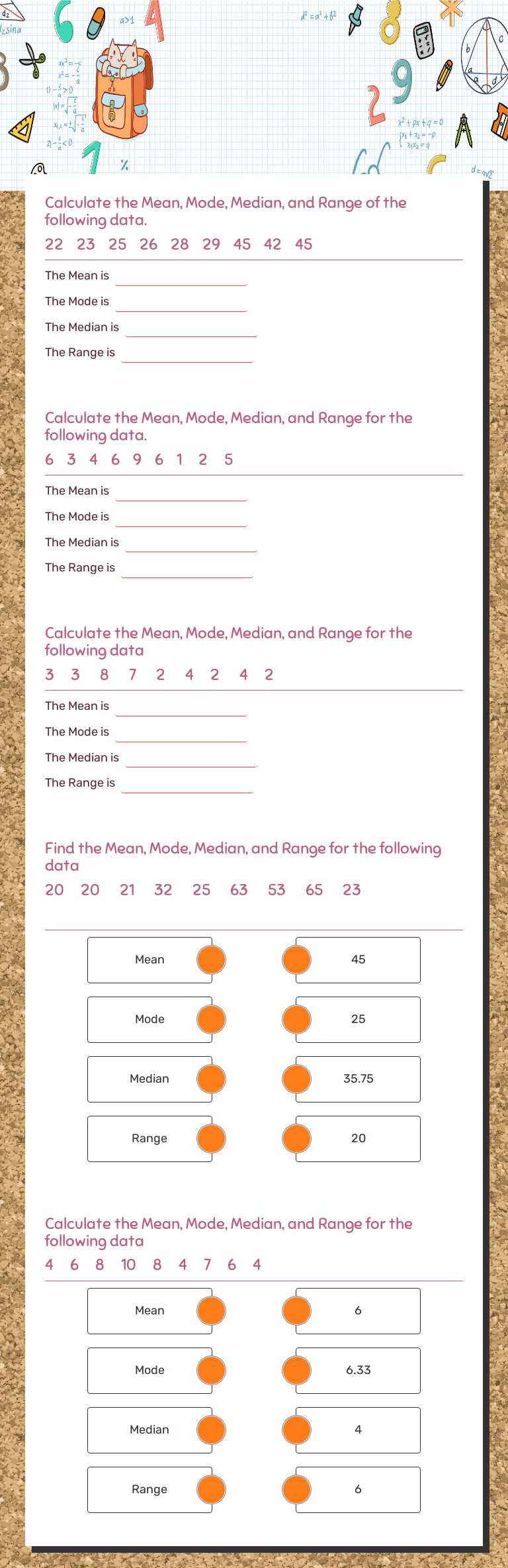 Mean, Mode, Median, and Range worksheet preview image