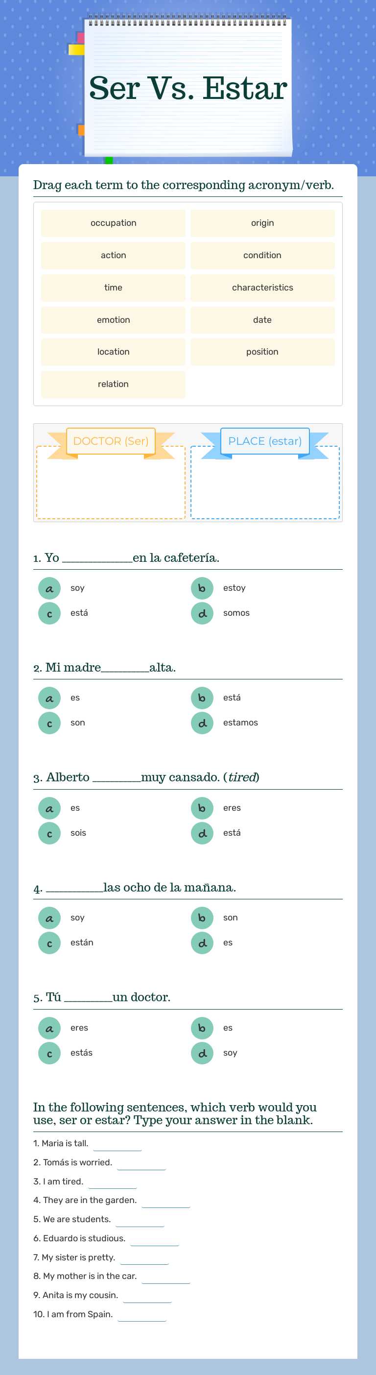 Ser Vs. Estar worksheet preview image