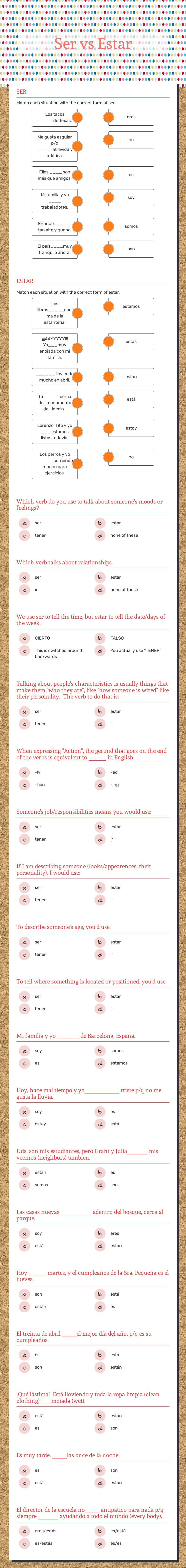Ser vs Estar Grade 8 worksheet preview