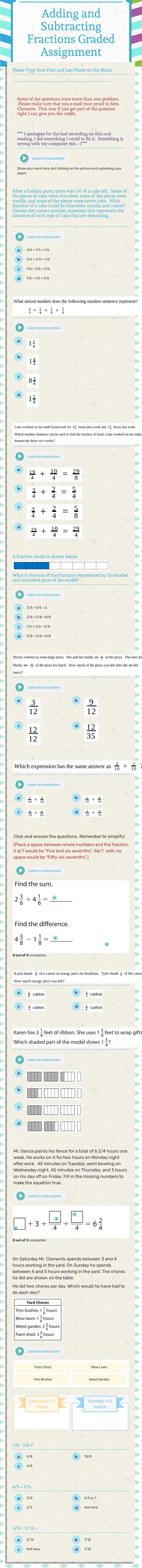 Adding and Subtracting Fractions Graded Assignment Grade 4 worksheet preview