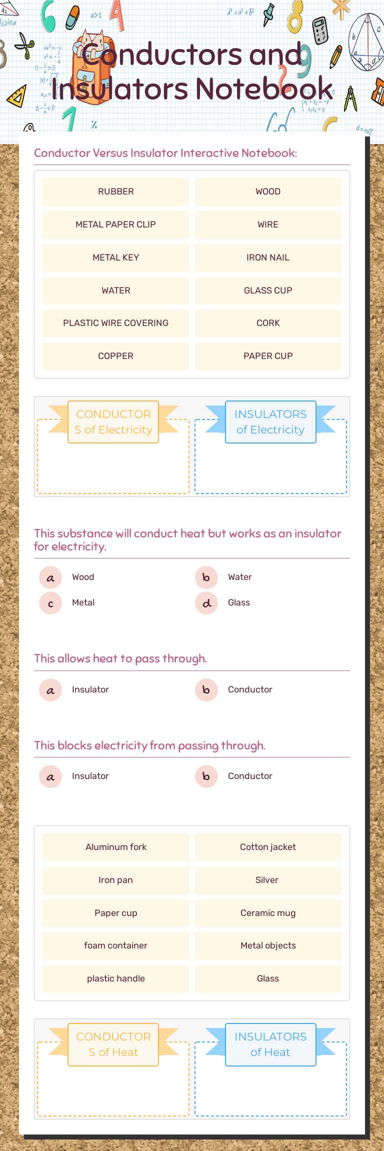 Conductors and Insulators Notebook worksheet preview image
