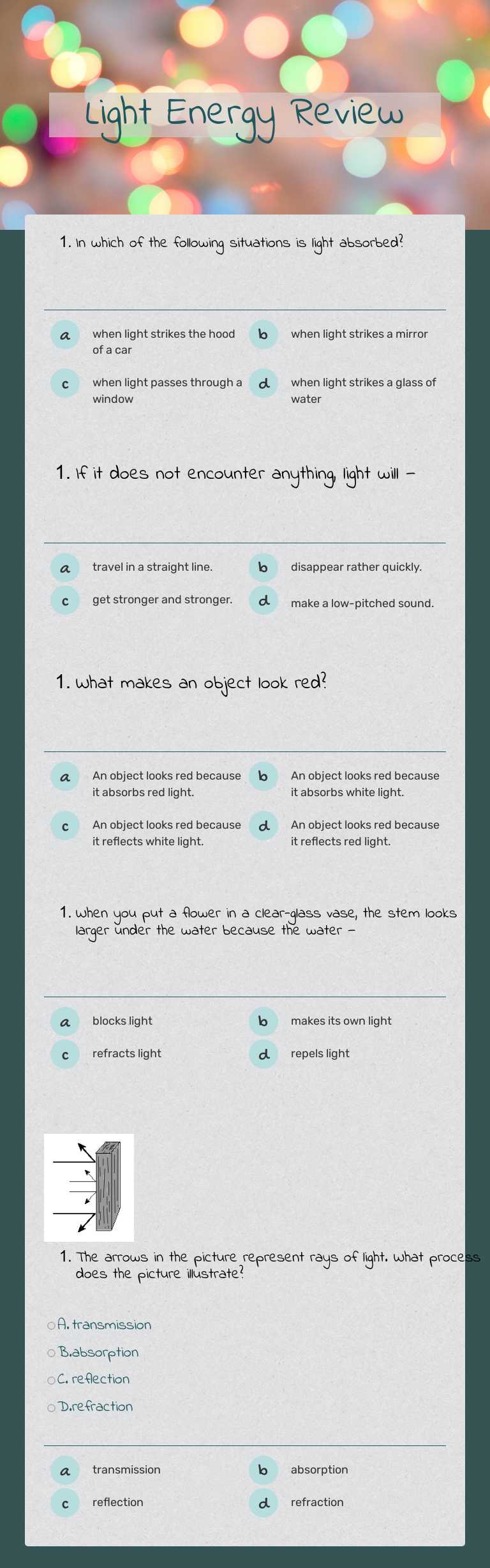 Light Energy Review worksheet preview image