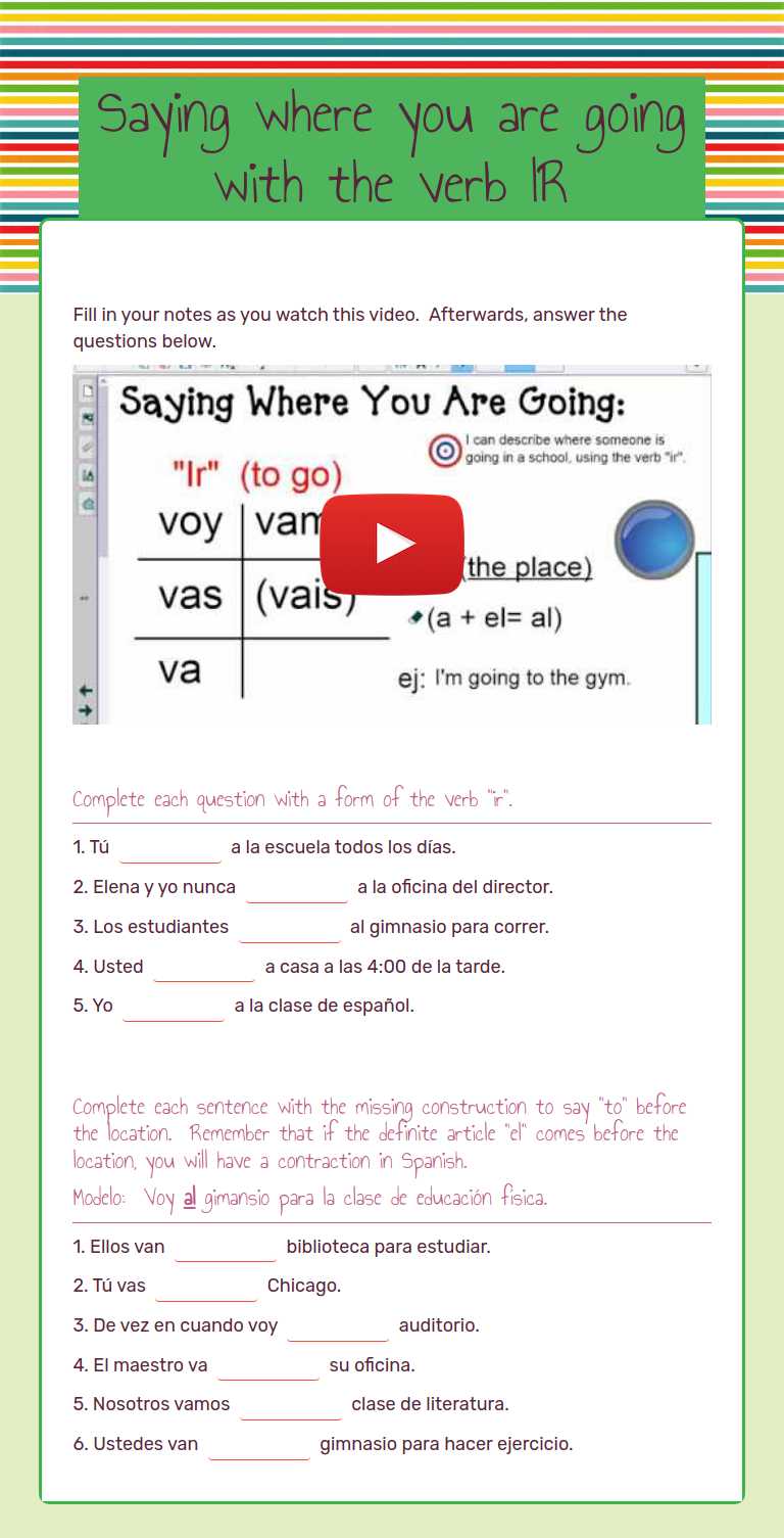 Saying where you are going with the verb IR Grade 8 worksheet preview