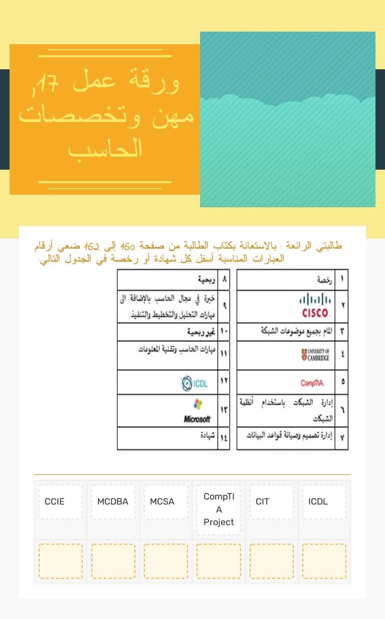 ورقة عمل 17, مهن وتخصصات الحاسب worksheet preview image