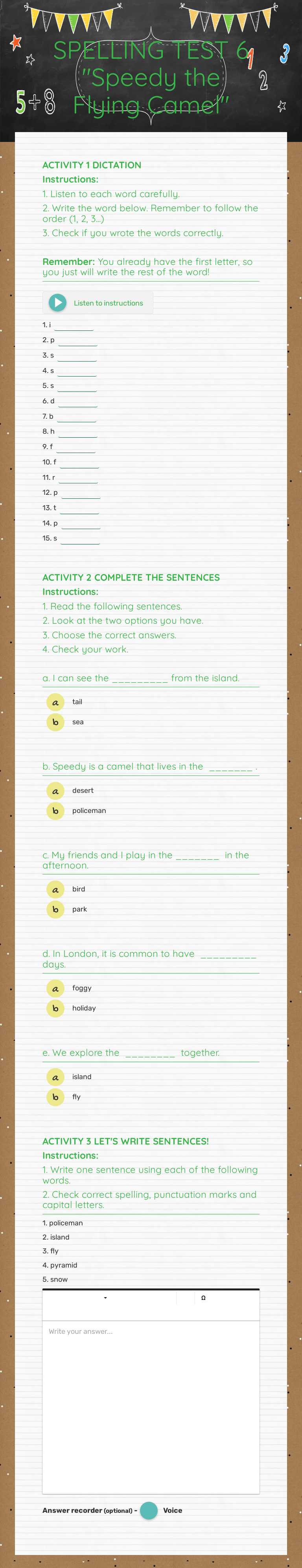 SPELLING TEST 6 "Speedy the Flying Camel" worksheet preview image