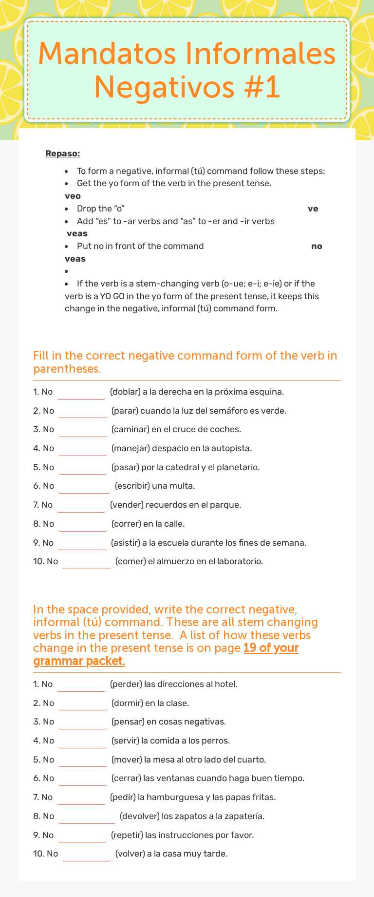 Mandatos Informales Negativos #1 worksheet preview image
