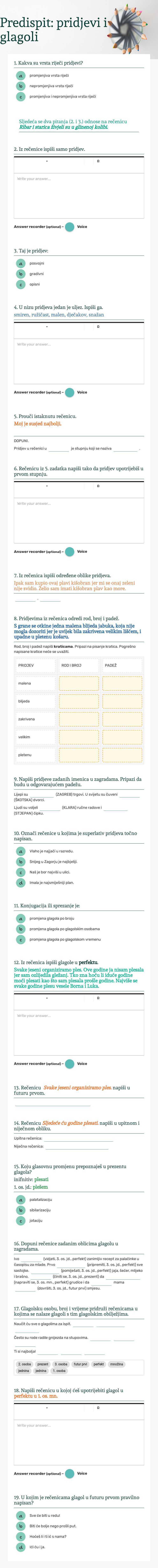 Predispit: pridjevi i glagoli worksheet preview image