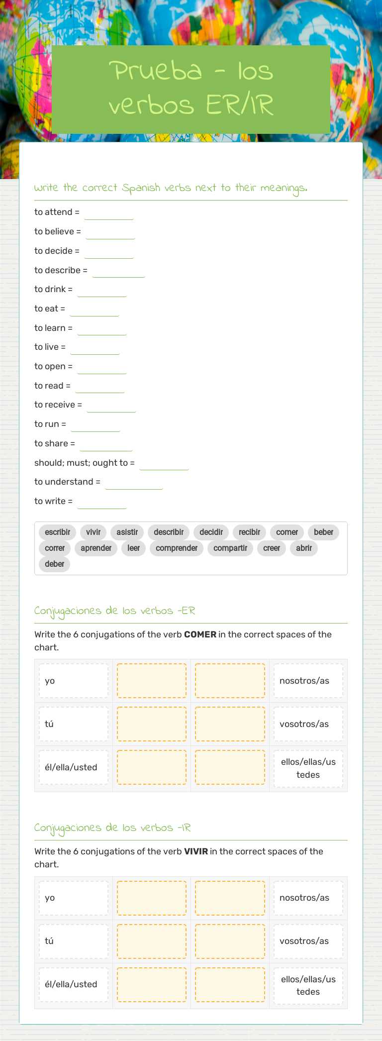 Prueba - los verbos ER/IR worksheet preview image