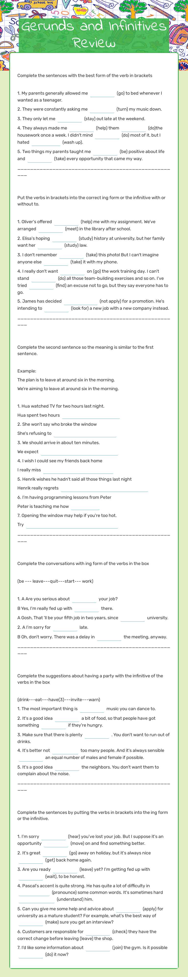 Gerunds and Infinitives Review Other worksheet preview