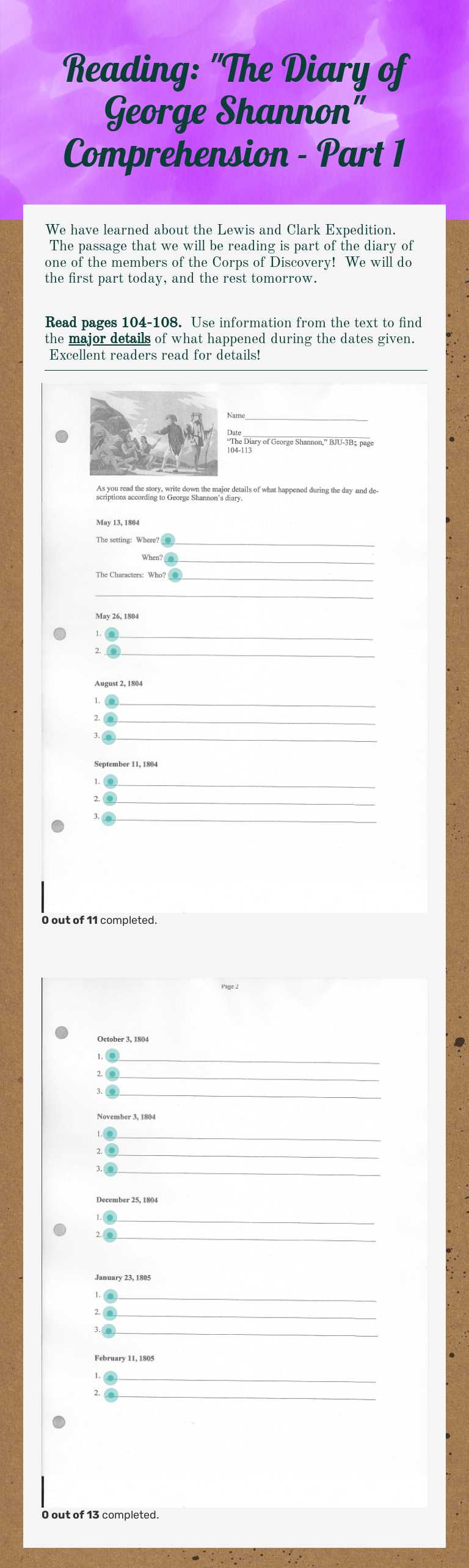 Reading: "The Diary of George Shannon" Comprehension - Part 1 Grade 3 worksheet preview