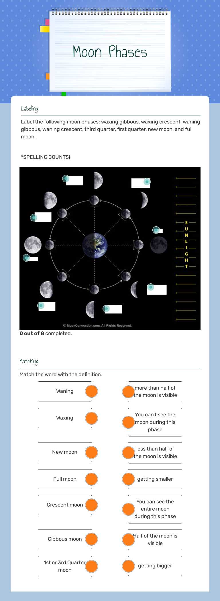Moon Phases Grade 8 worksheet preview