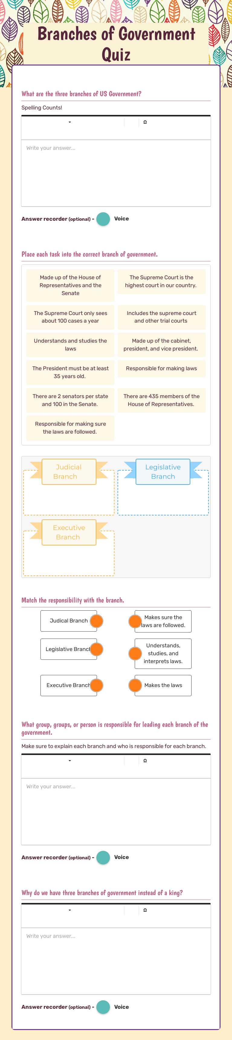 Branches of Government Quiz worksheet preview image