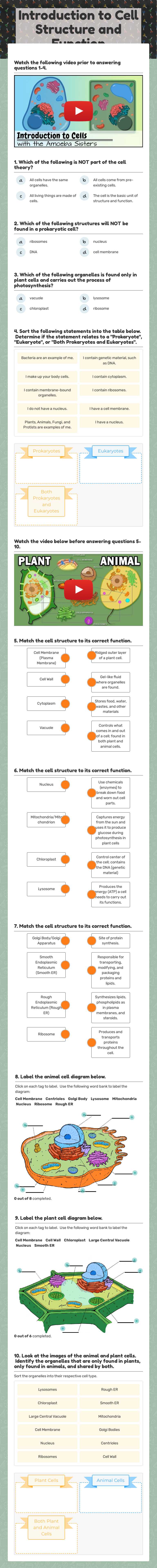 Introduction to Cell Structure and Function worksheet preview image