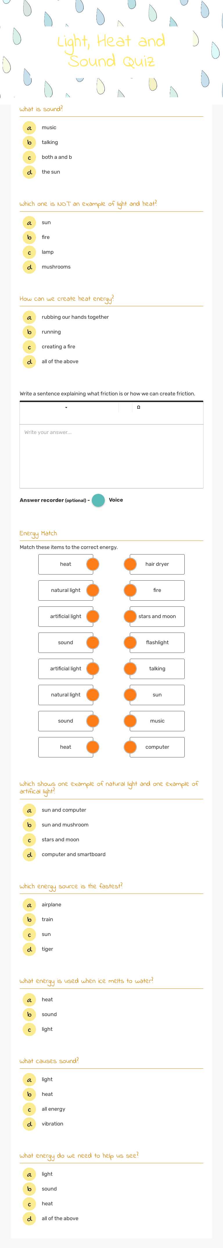Light, Heat and Sound Quiz worksheet preview image