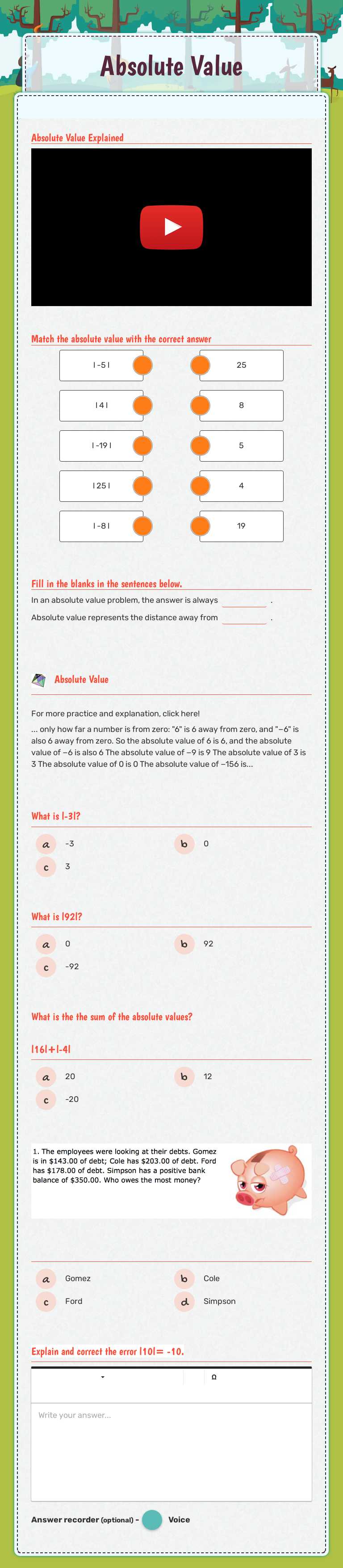 Absolute Value worksheet preview image