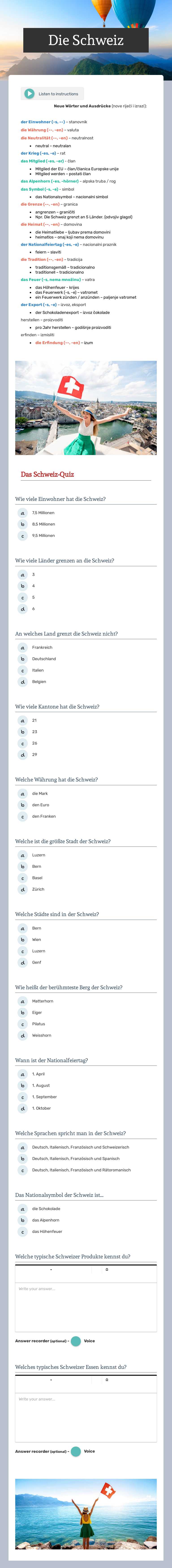 Die Schweiz worksheet preview image