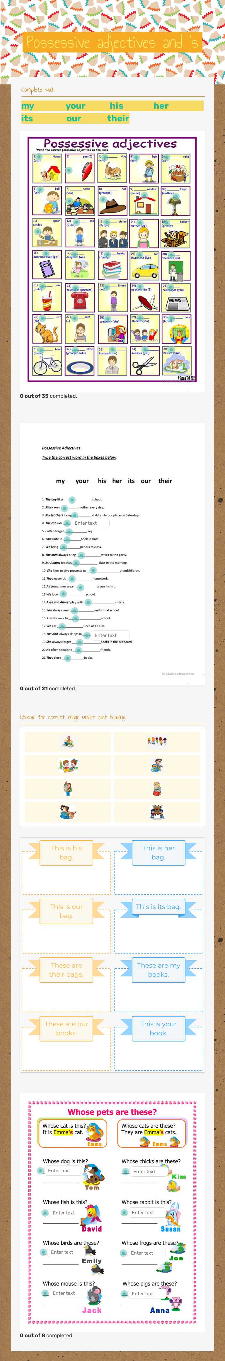 Possessive adjectives and 's worksheet preview image
