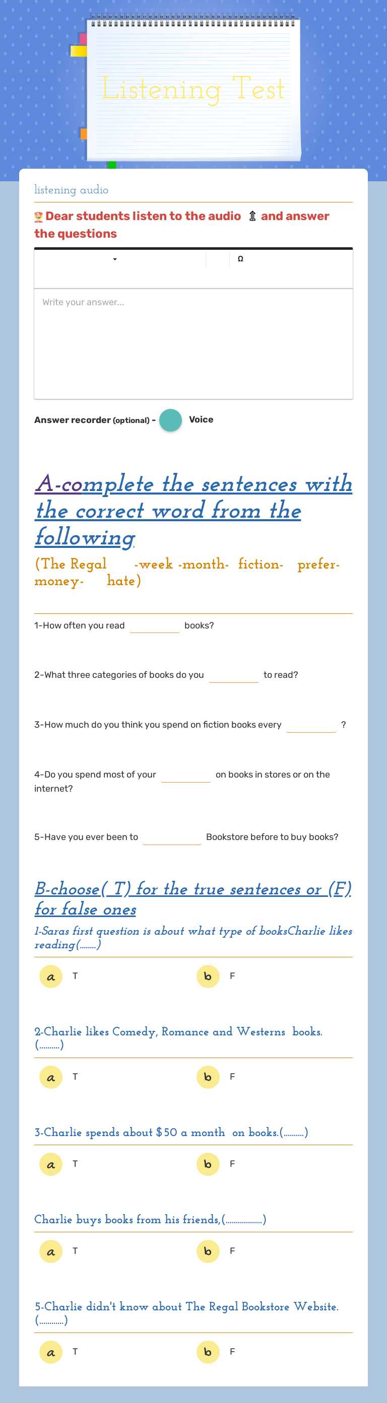 Listening Test worksheet preview image