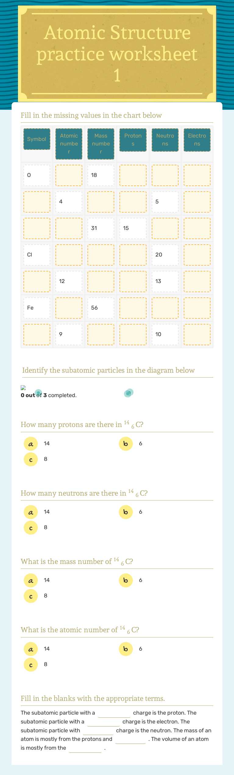 Atomic Structure practice worksheet 1 worksheet preview image