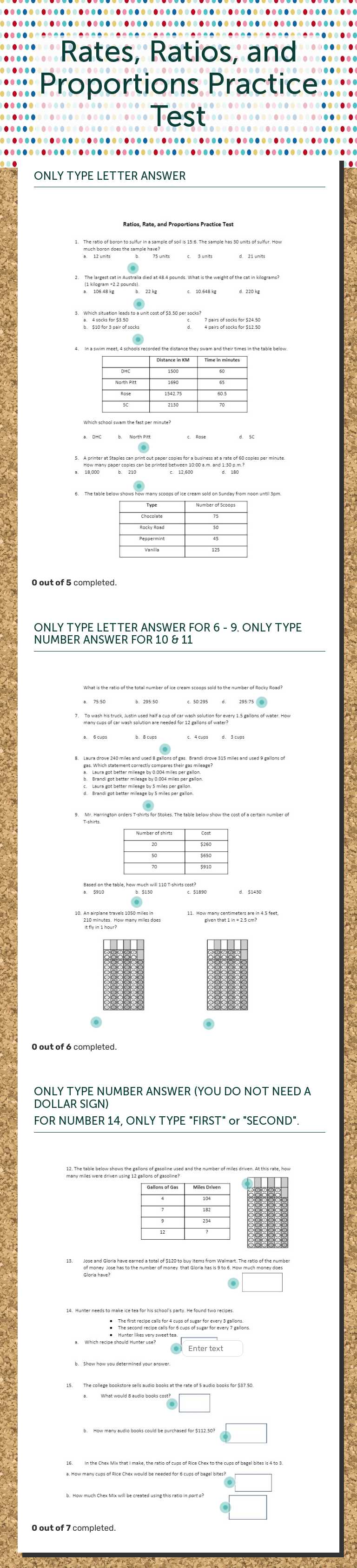 Rates, Ratios, and Proportions Practice Test Grade 6 worksheet preview