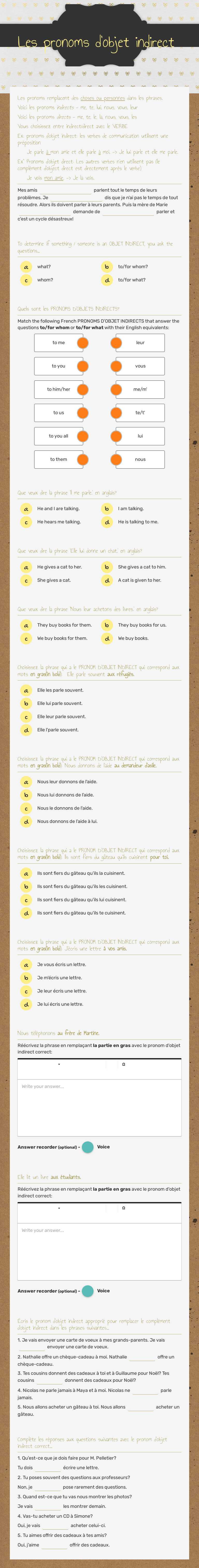 Les pronoms d'objet indirect worksheet preview image