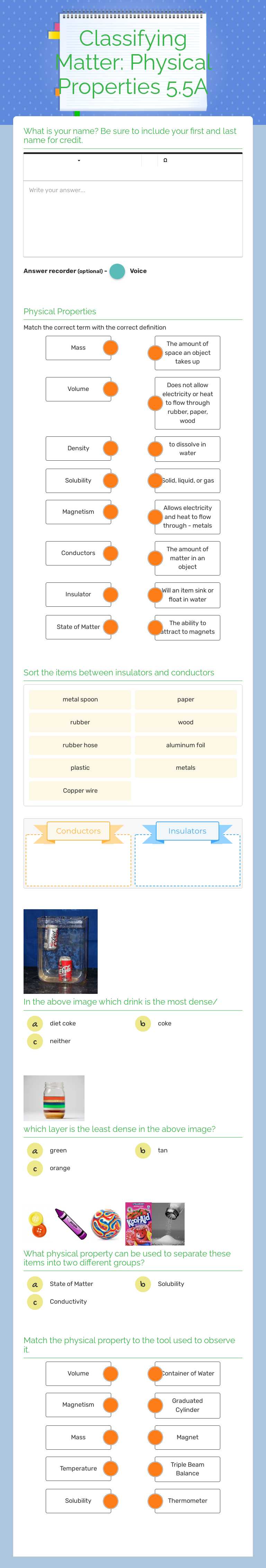 Classifying Matter: 
Physical Properties 5.5A Grade 5 worksheet preview
