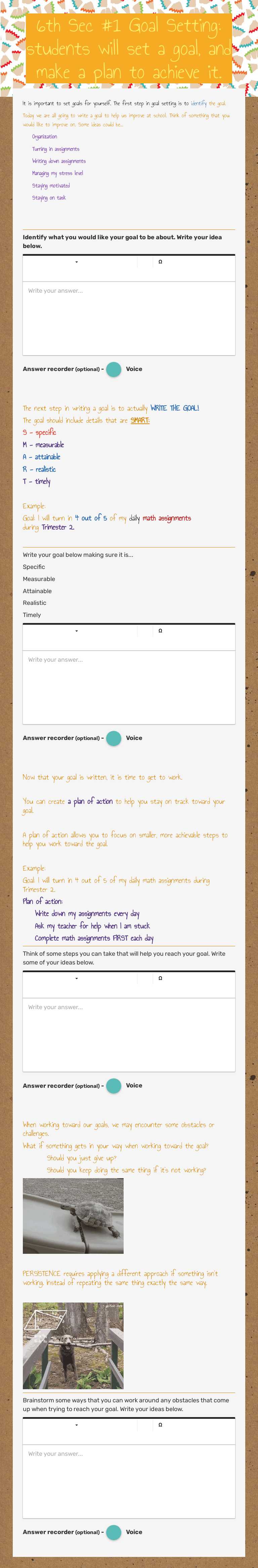 6th Sec #1              Goal Setting:
 students will set a goal, and make a plan to achieve it. worksheet preview image