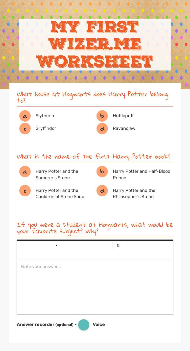 My First Wizer.Me Worksheet Grade 9 worksheet preview
