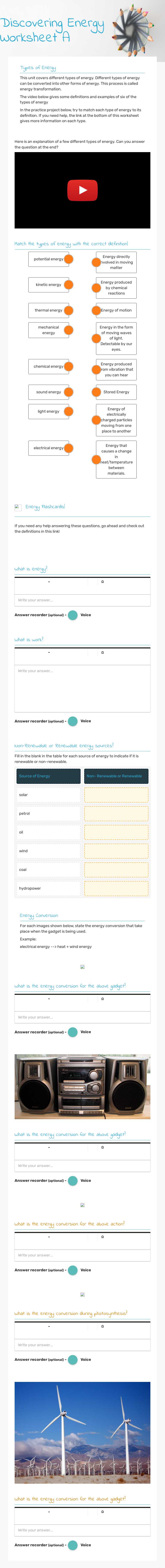 Discovering Energy Worksheet A worksheet preview image