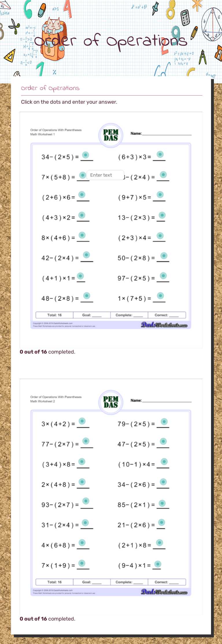 Order of Operations worksheet preview image