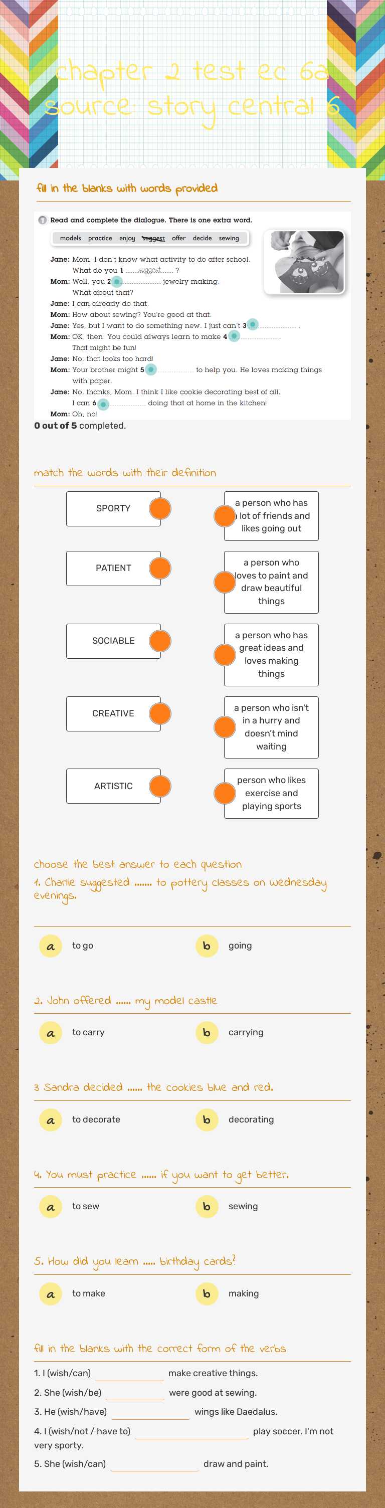 chapter 2 test ec 6a source: story central 6 worksheet preview image